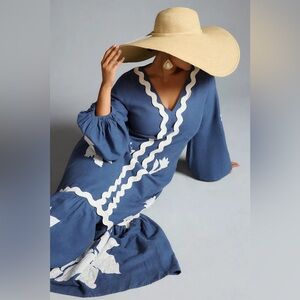 FARM Rio Blue Maxi Dress with White Appliqué